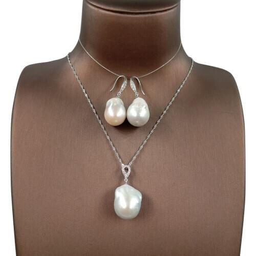 925 SILVER jewelry set with necklace and earring,100% NATURE FRESHWATER PEARL -good big baroque pearl