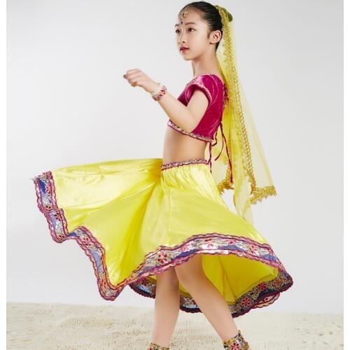 Indian Bollywood Dance Performance Costume Children Dance Clothing Oriental Dance Costume 3 Piece Set Folk Dance Wear DQL929