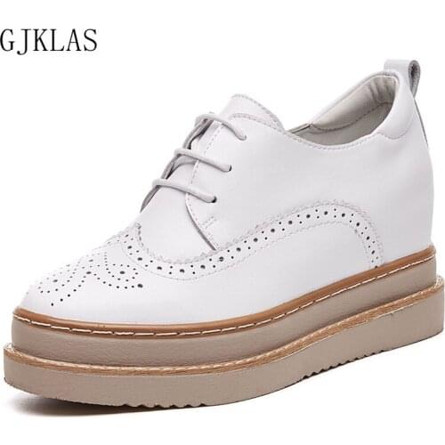 Brogue Wedge Sneakers Platforms Genuine Leather Casual Shoes Woman High Heel Sneakers Women Lace Up Comfy Female Platform Shoes