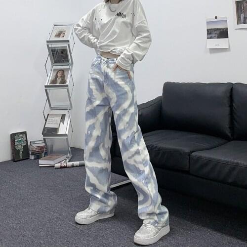 2021 New Womens Fashion Trend Streetwear Tie-dyed Splash Ink High Waist Wide Leg Pants Girl Student Y2K Baggy Denim Trouser