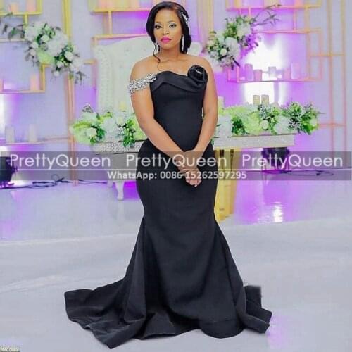 Chic Mermaid Black Satin Prom Dresses Appliques Hand Made Flower Strapless Long Plus Size Women Dress Formal Party