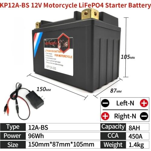 KP12A-BS Motorcycle LiFePO4 Starter Battery 12V 8Ah CCA 450A Motorbike Lithium Battery LFP 12V Scooter AKKU With BMS YTX12A-BS