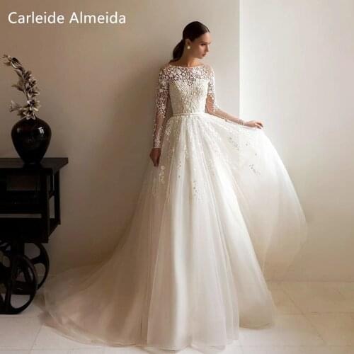 A-Line Wedding Dresses 2021 Long Sleeves Beach Scoop Romantic Beaded Appliques Princess Bridal Gowns Vestido De Noiva