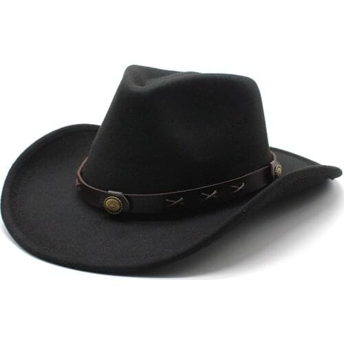 Unisex Western Cowboy Hats For Men Wide Brim Fedora Hats Women Solid Color Jazz Hat Vintage Felt Panama Cap With Leather Belt