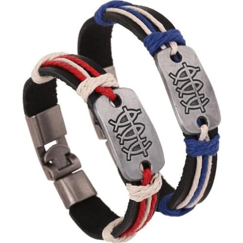 Vintage Fashion Fish Charm Bracelet Cuff Black Genuine Leather Rope Charm Bangle Buckle Wrap Wristbands Retro Men Women Jewelry