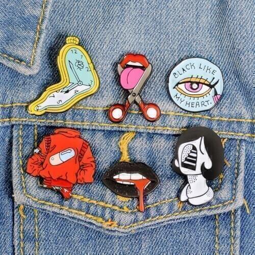 Tongue Lips Enamel Pins Pill Clock Girl Brooches Jeans Shirt Lapel Abstract Pins Bag Badge Turkey Evil Eye Brooch Pin Jewelry
