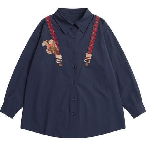 Spring Fashion Design Womens Loose Shirt Top Squirrel Plaid Patch High Quality Womens Cotton Shirt Long Sleeve Lapel For Youth