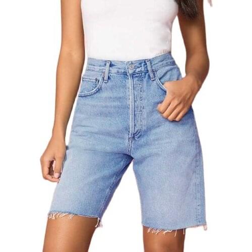 Womens high-waist straight loose-breasted denim five-point pants non-stretch BF street cycling shorts washed raw edges