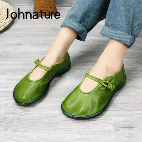 Johnature 2021 New Genuine Leather Flats Women Shoes Round Toe Casual Shallow National Style Soft Handmade Concise Ladies Shoes