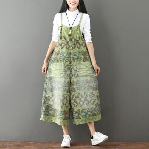 2018 New Women Vintage Green Brown Denim Jumpsuits Bleached Scratched Pattern Print Jeans Overalls Ladies Loose Wide Leg Rompers