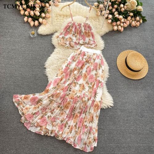 Summer Clothes For Women 2021 Holiday Beach Dress Suits Women Elegant Sling Short Top Pleated Mesh Skirt Floral Women 2Pices Set