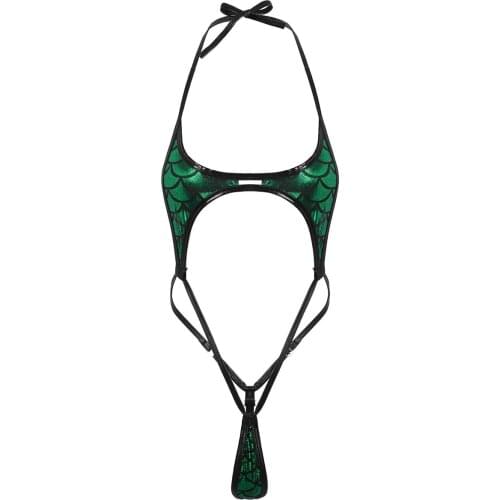 Women Shiny Metallic Mermaid Fish Scale Printed Erotic Lingerie Halter Micro Mini Teddy Sexy Bodysuit Bikini Monokini Swimwear