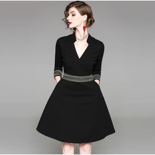 Robe Femme Ete 2019 Autumn Women Fashion Office Dresses Ladies Three Quarter Sleeve Vestidos Black A Line Classy Dresses D1705 S