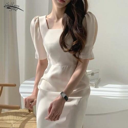 Summer high waist apricot black dress new casual retro dress French square collar mermaid dress female 14701