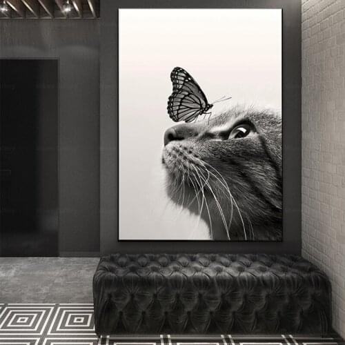 Modern Black and White Animal Canvas Painting Cat Butterfly Poster and Prints Wall Art Pictures for Kid Room Interior Home Decor