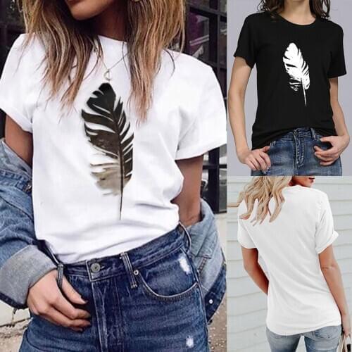 100% cotton Fashion Womens Loose Short-Sleeved Leaf Print T-Shirt Casual O-Neck Top casual White top Valentines Day Street