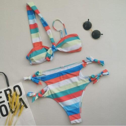 2021 Hot European and American Stripe Print lace up high waist sexy bikini split swimsuit free shipping