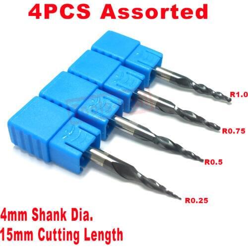 4PCS Assorted R0.25&0.5&0.75&1.0mm HRC55 Tungsten solid carbide Tapered Ball Nose End Mills and cone cutter