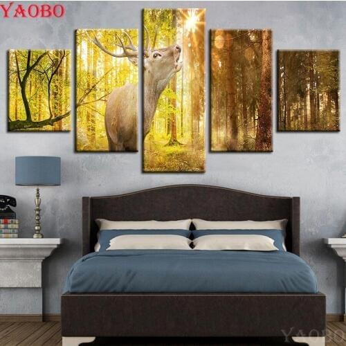 5 PCS Diamond Embroidery Sunshine Forest Scenery 5D DIY Diamond Painting Mosaic Full Square/Round drill Cross Stitch animal deer