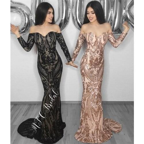 Glitter Black Mermaid Evening Dress Long Sleeves Boat Neck Exquisite Sequins Long Prom Gowns 2019 New Arrival Women Party Dress