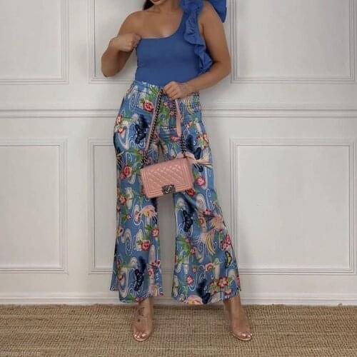 XEASY 2021 New Summer Women Vintage Casual Beach Style Print Pants Female Fashion Hight Elastic Waist Straight Trousers Pants