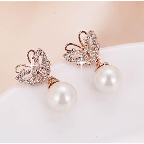 DE145 Fashion Refined Grace 4A Zircon Butterfly Pearl Earrings Girlfriend Gift Party Banquet Woman Jewelry Earrings 2021