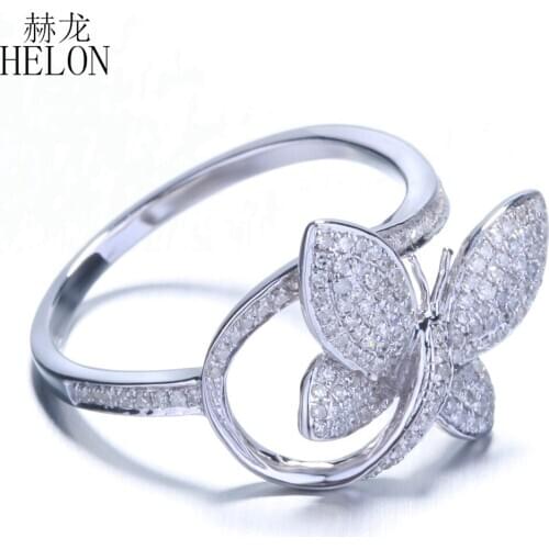 HELON Solid 14k White Gold AU585 0.45CT Genuine Natural Diamond Engagement Wedding Ring Butterfly Shape Trendy Fine Jewelry Gift