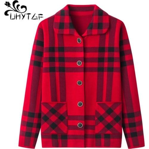 UHYTGF Cardigan knit sweater coat fashion plaid casual warm spring autumn sweater women single-breasted loose plus size coat1254