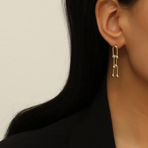 Korea Cuba Bright Gold Color Exaggerated Metal Chain Drop Earring Retro Punk Chain Earrings Vintage Jewelry
