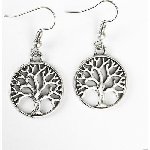 Round Hoop Center Tree of Life Silver Plated Pendant Drop Earrings Dangle Earrings