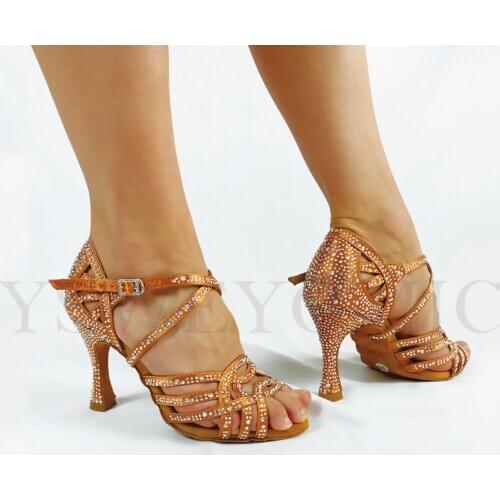 Latin Bachata Salsa Dance Shoes High Heel Suede Outsole indoor Tan Satin Shiny Rhinestones Bachata Latin Dancing Shoes For Women