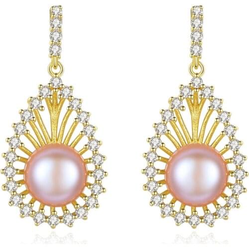 MetJakt S925 Sterling Silver Micro-Inlaid 3A Zircon Freshwater Pearl Fashion Elegant Womens Ear Pendant