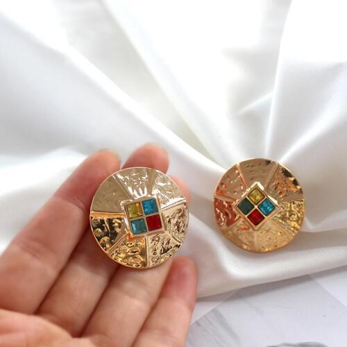 Fashion Colorful Baroque Rhinestone Stud Earrings Design Metal Bump Round Earrings Retro Party Jewelry
