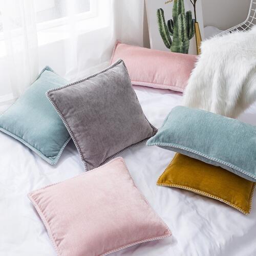 Soft Chenille Cushion Cover Pink Grey Mustard Yellow Fringe Solid Pillow Case for Home Decoration Sofa Bed 45x45cm