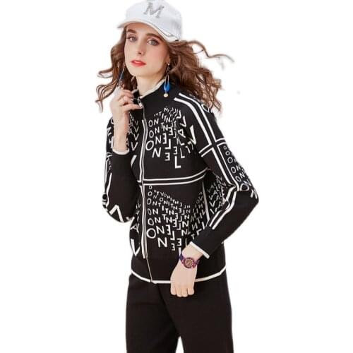 2020 New Women Set Cotton Full Office Lady Zipper Turtleneck With Cloth And Pants Elastic Waist Knitted Women Elegant Winter Set