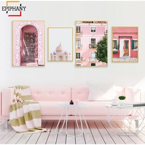 Pastel Boho Art Print Fashion Modern Pink House Painting Pictures Architecture Canvas Posters Wall Pictures for Living Room