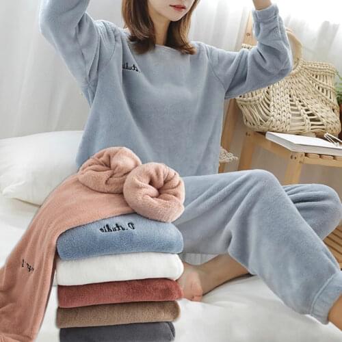 Womens Winter Flannel Pajama Set Womens Fleece Pajamas Sleepwear Homewear Thick Warm Velvet Female Suit Fall Sweatshirt Dropship