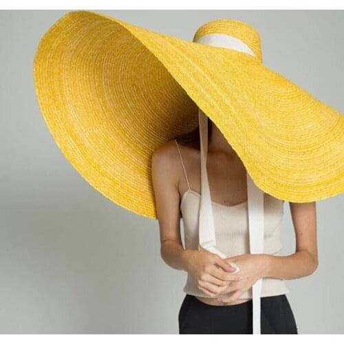 Custom 100cm Wide Brim Oversized Beach Hat For Women Yellow Natural Straw Hat UV Protection Foldable Designer Luxury Catwalk Hat