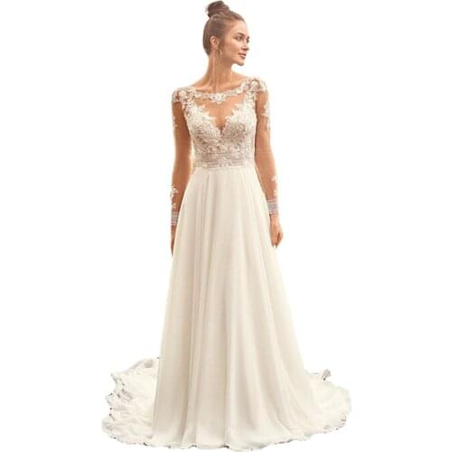 2021 Boho Wedding Dress Long Sleeves Button Back Lace Appliques Bridal Gowns Custom Made Sweep Train A Line Dress Robe De Mariee