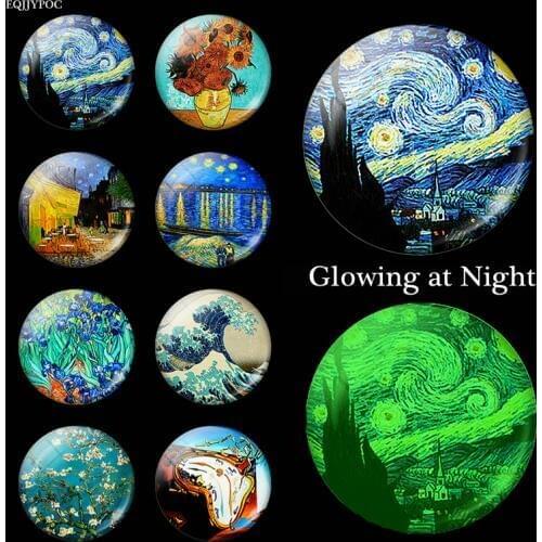 Van Gogh Luminous Glass Fridge Magnet Art Famous Painting Glowing At Night Magnet Refrigerator Decor Magnetic Sticker Souvenir