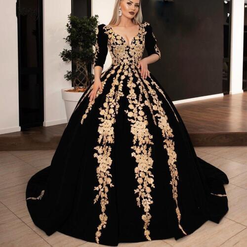 Dubai V Neck Evening Dresses Velvet Arabian Evening Dress Long Sleeves Applique Robe De Soiree Elegant Plus Gowns