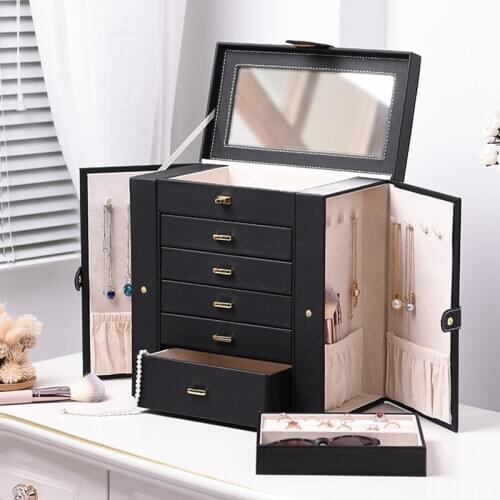Jewelry Storage Drawer Black Leather Jewelry Desktop Storage Box Necklace Earrings Watch Keeping Large Capacity Store Boxes