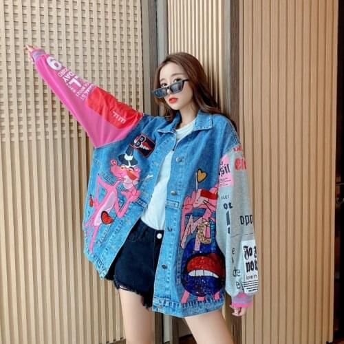 Harajuku Oversize Denim Jackets Women 2021 Spring Autumn Patchwork Color Streetwear Cartoon Print Jean Coat Female Top
