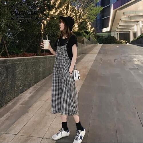 Dueweer Women Jumpsuits Summer Plaid Calf-length Wide-leg Vintage Loose Korean Style Sweet Double-straps Pockets Students