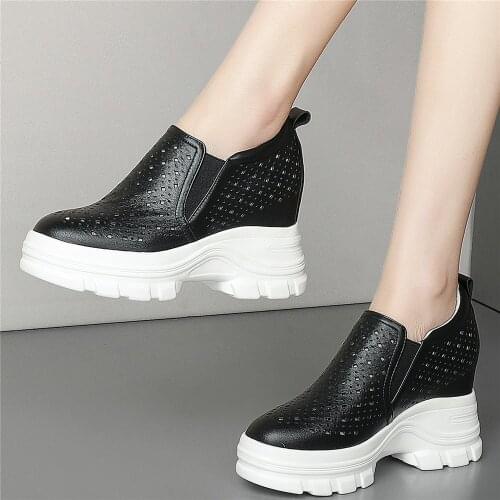 10cm Chunky High Heels Fashion Sneakers Women Hollow Genuine Leather Ankle Boots Female Summer Platform Pumps Shoes Casual Shoes