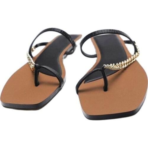 Womens Shoes Summer New Style Black Square Toe Open Toe Chain Comfortable Flat Shoes With One Word Sandals And Slippers
