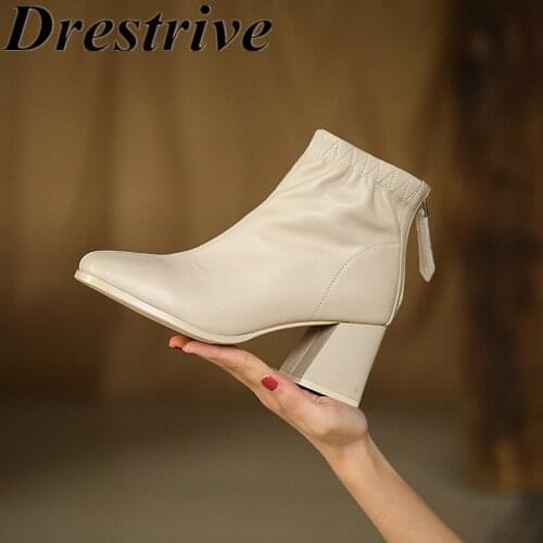 Drestrive Full Genuine Leather Square Toe Beige Zipper Pleated Women Ankle Boots 2021 Winter Shoes Thick High Heels