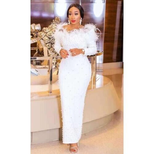 Women Luxury Sexy Off Shoulder Long Sleeve Beading Feather White Long Bandage Dress 2021 Elegant Evening Party Club Dresses