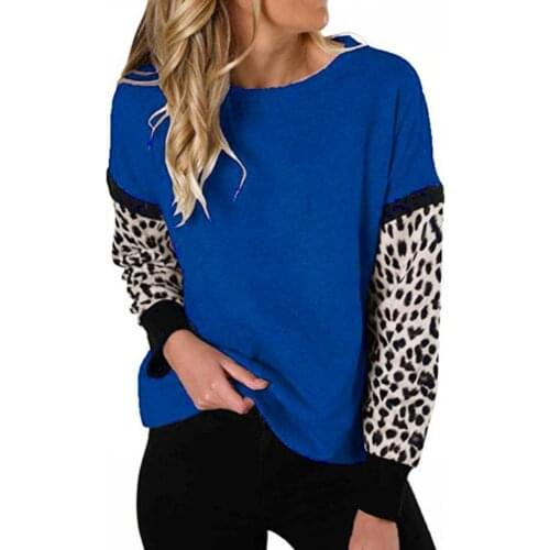 Womens Leopard Print Long Sleeve Tops Round Neck Sweatshirts Casual Leopard Patchwork Shirts Loose Sexy Cheetah Top Streetwear