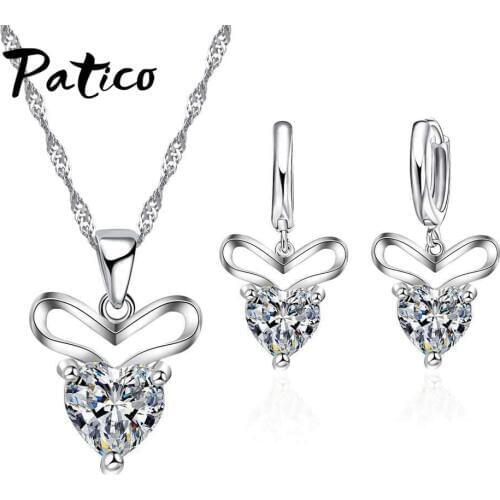 Heart Shape Crystal Wedding Prom Cubic Zirconia Jewelry Sets Pendant Necklace & Earring 925 Sterling Silver for Women
